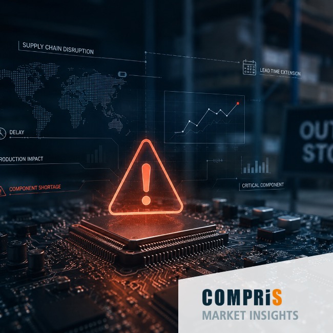 Glowing orange warning triangle on a circuit board with data charts and a world map, signaling a hardware risk alert for market insights.